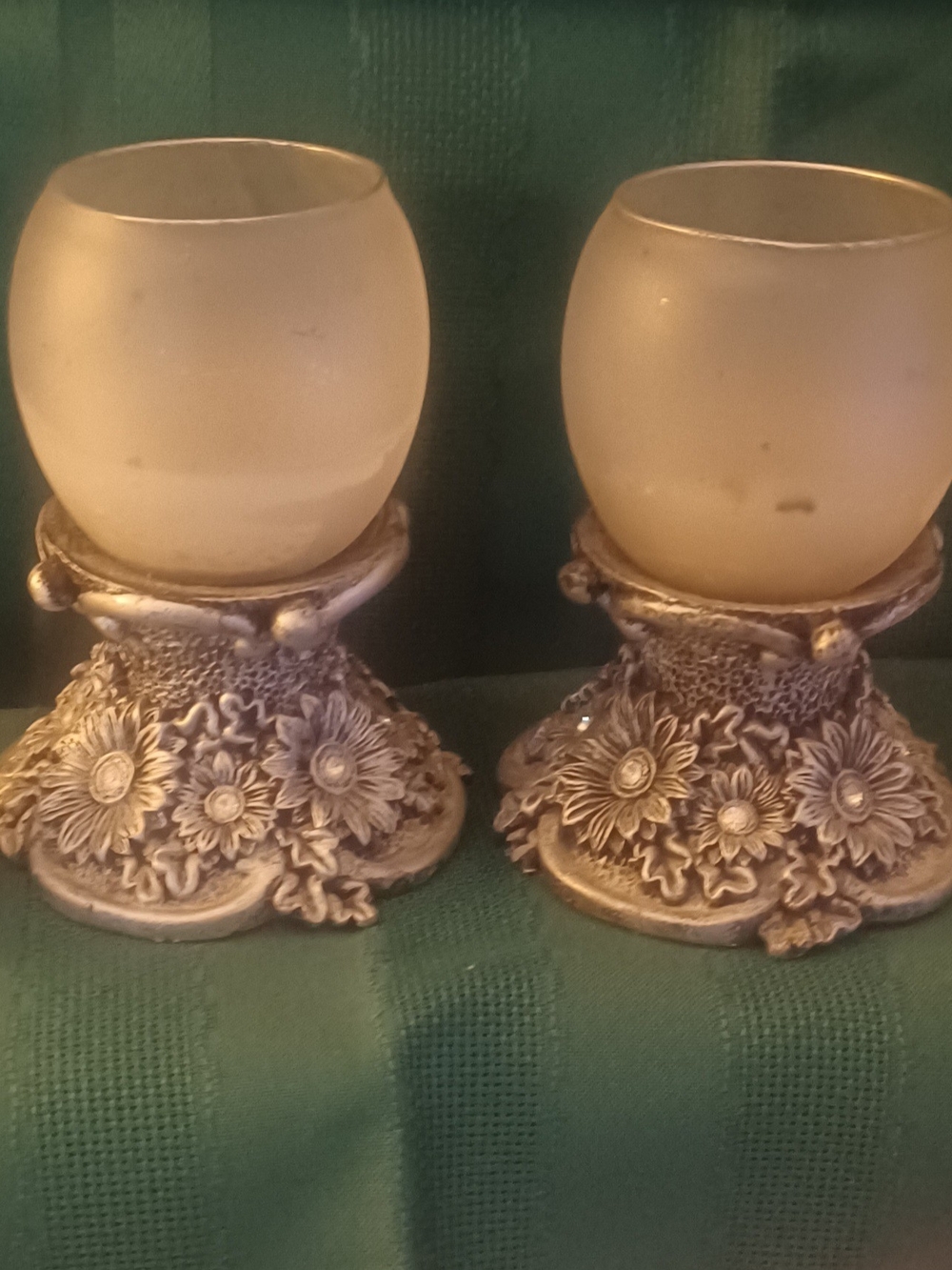 Ornate Floral Glass Candle Holders - Cream and Gold (Pair)